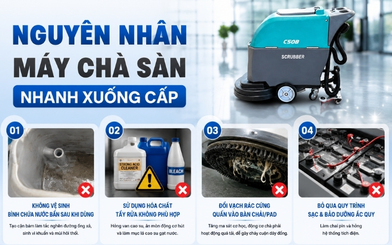 Nguyên nhân máy chà sàn nhanh xuống cấp 